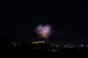 Beautiful colorful firework in city Brno on Spilberk
