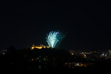 Beautiful colorful firework in city Brno on Spilberk