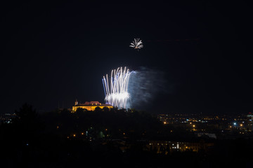 Beautiful colorful firework in city Brno on Spilberk