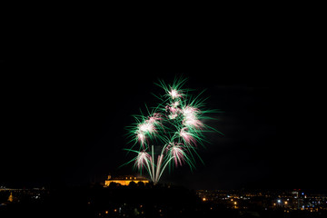 Beautiful colorful firework in city Brno on Spilberk
