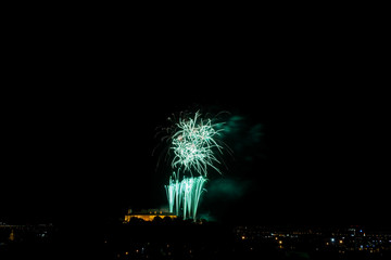 Beautiful colorful firework in city Brno on Spilberk