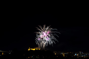 Beautiful colorful firework in city Brno on Spilberk