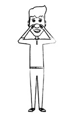 Cartoon man standing with red nose icon over white background, vector illustration