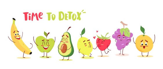 Cute cartoon fruits with happy emotions. Time to detox concept. Vector illustration