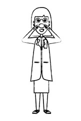 woman doctor standing and touching her red nose icon over white background, vector illustration