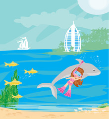 Little girl diving with a dolphin