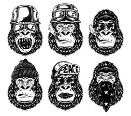 Set of isolated black and white gorilla faces