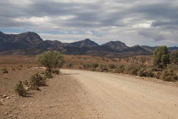 Moralana Scenic Drive South Australia, scene from dirt road of flinders ranges on an overcast day