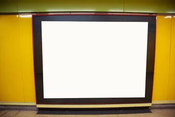 Poster Billboard canvas mockup Banner Light box blank empty on wall yellow area in metro Subway station.  © methaphum