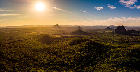 Panoramic aerial of Glasshouse Mountains on the Sunshine Coast f