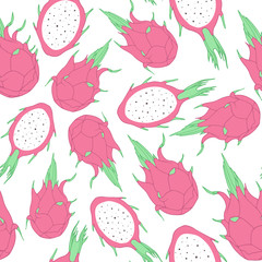 Vector tropical seamless pattern with dragon fruit on the white background. Hand drawn exotic pitahaya.