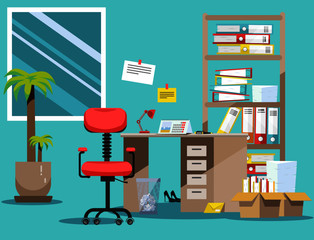 Order on the desktop. Pile of paper documents and file folders in cardboard boxes on the shelves. Flat vector illustration windows, chair and waste-basket
