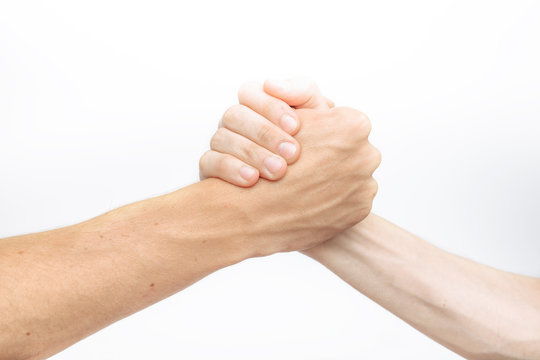 Hand holding, struggle between two, isolated on white background, for advertising, text insertion