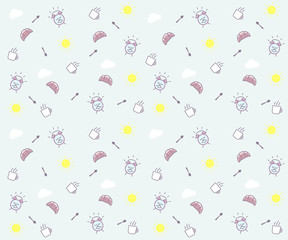 Cute morning seamless pattern background. Vector wallpaper illustration with clouds, the sun, breakfast elements like mug and croissant, spoon, alarm clock happy character smiling.