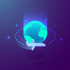 Airplane flying around the globe illustration. Vector banner background template for tourism, traveling, vacation, business trip, global business. Easily resizable to add your text