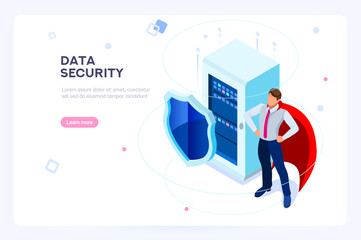 Secure hard data base. Security and anti-virus protection. Center or datacenter network. Industry of telecommunication. Hosting net or database concept. Flat isometric images, vector illustration.