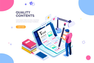Seo infographic, content for creative blog post. Blogger character. Can use for web banner, infographics, hero images. Flat isometric character, vector illustration isolated on white background.
  - obrazy, fototapety, plakaty