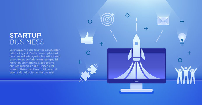 Startup business banner. Vector illustration for business related subjects. Rocket launch on computer with different business icons like team cheering, lightbulb idea, emails, aim, thumbs up, puzzle