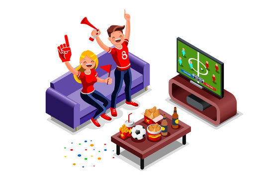 Friends, football fans watching world cup game on tv. Can use for web banner, infographics, hero images. Flat isometric character, sports vector illustration isolated on white background.