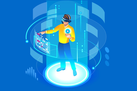 Into the future, isometric man wearing technology and touching virtual reality, augmented vr. Gadget interface for entertainment, device for virtual payment or online transaction. Vector illustration.