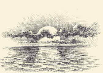 Obraz premium Zachód słońca niebo na spokojnym morzu artystyczny szkic