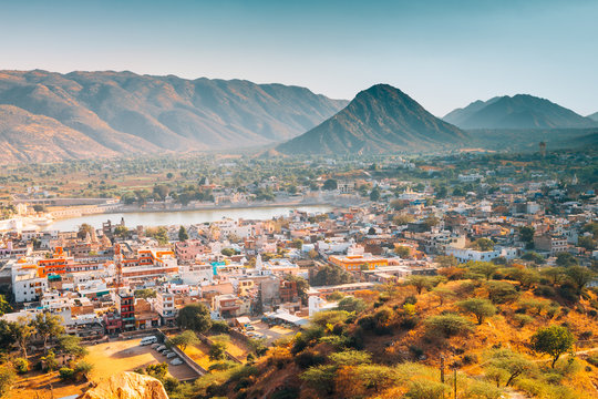 Pushkar town panorama view from Papmochani Mata Hindu Temple in Pushkar, India
