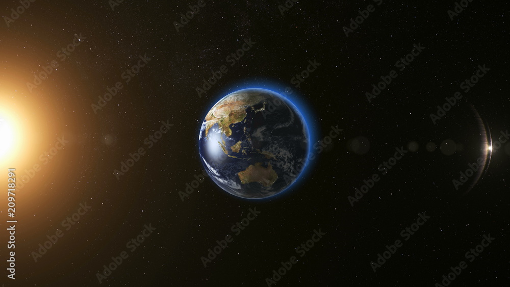 Wall mural space view on planet earth and sun star rotating on its axis in black universe. seamless loop with d