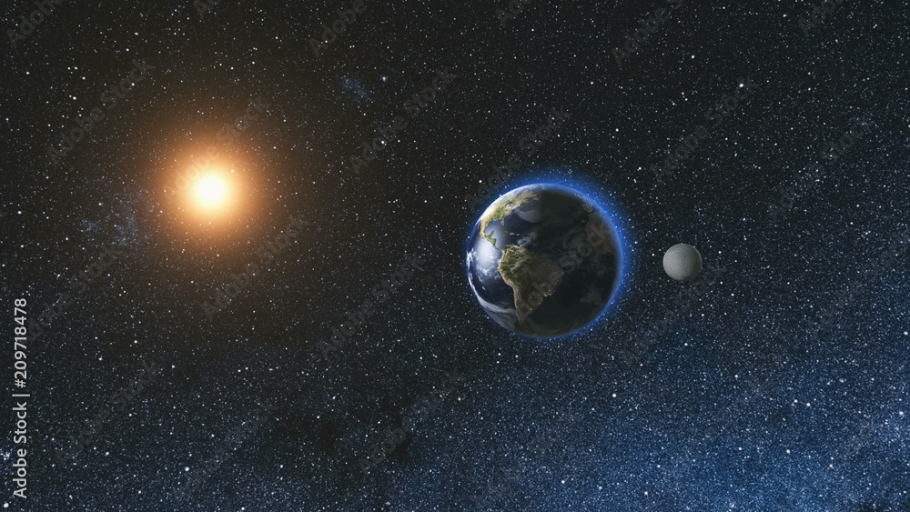 Wall mural sunrise view from space on planet earth and moon rotating in space against the background of the sta