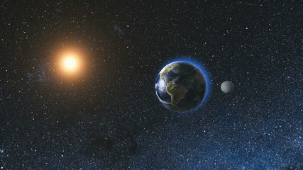 Sunrise view from space on Planet Earth and Moon rotating in space against the background of the star sky and the Sun. Seamless loop. Astronomy and science concept. Elements of image furnished by NASA
