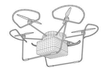 Remote control air drone. Dron flying with action video camera. Wireframe low poly mesh vector illustration