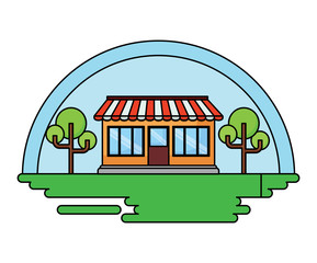 Obraz premium store and trees over landscape and white background, colorful design. vector illustration