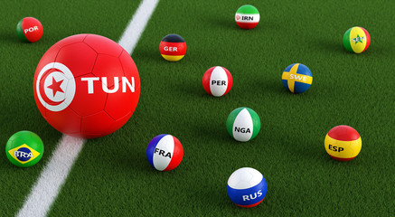 Big Soccer ball in Tunisia national colors surrounded by smaller soccer balls in other national colors. 3D Rendering 