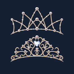 Tiara crowns set. Wedding diadem with diamonds and pearls.