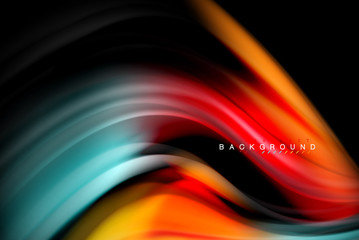 Fluid liquid colors design, colorful marble or plastic wavy texture background, glowing multicolored elements on black, for business or technology presentation or web brochure cover design, wallpaper