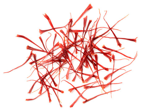 dried saffron threads isolated on white background, top view