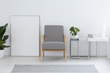Patterned armchair next to empty poster in white flat interior with plant on table. Real photo