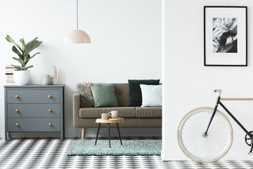 Bike standing in white open space living room interior with grey cupboard with potted plant and vases, brown lounge with pillows and pastel pink lamp