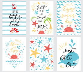 Fototapeta na wymiar Set of hand drawn summer cards and banners sea ocean phrases summer time vacation