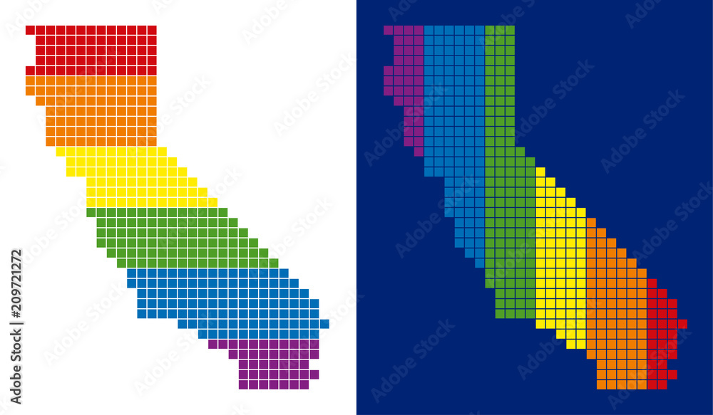 Poster dot lgbt california map variants. vector geographic schemes in lgbt flag colors with vertical and ho