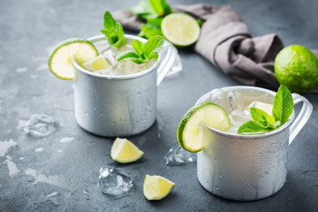 Moscow mule cocktail with vodka, ginger beer, lime and mint