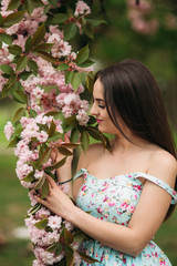 Fototapeta premium Beautiful girl near the blooming trees