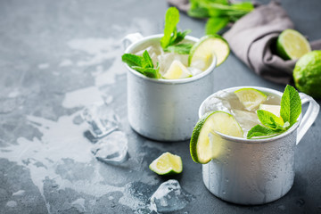 Moscow mule cocktail with vodka, ginger beer, lime and mint