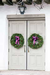 Main Church Entrance Adorned with Holiday Wreaths, Santa Fe, New Mexico