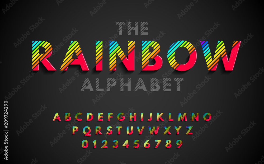 Poster stylish modern abstract font and alphabet with numbers. vector colorful rainbow font from strips.