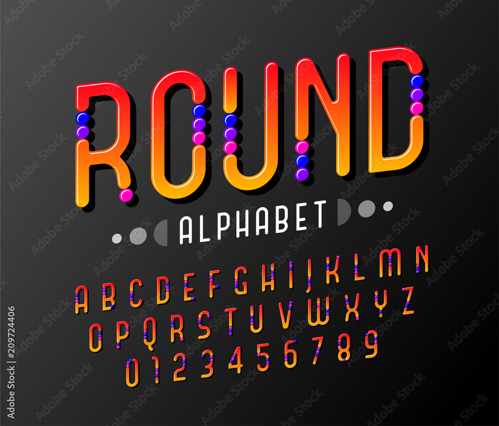 Poster rounded of stylized abstract italic alphabet and font with colorful round inserts similar to sweets.