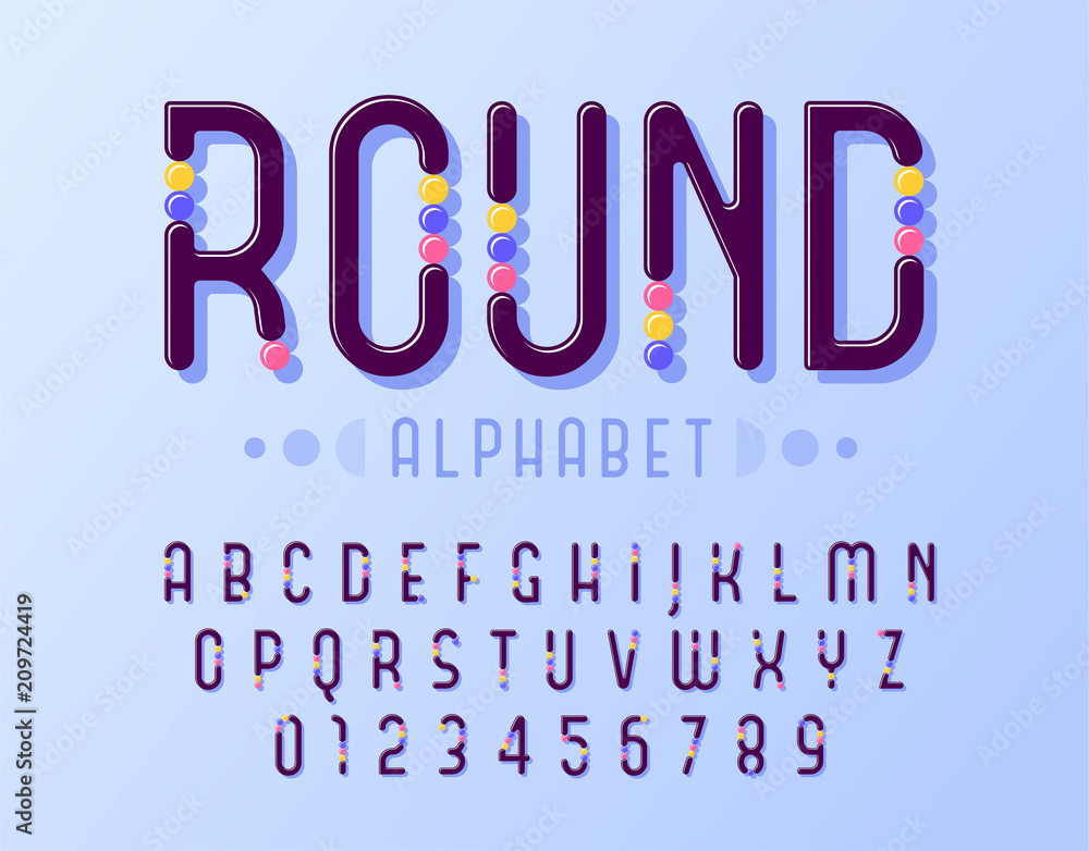 Poster rounded of stylized abstract alphabet and font with colorful round inserts similar to sweets.