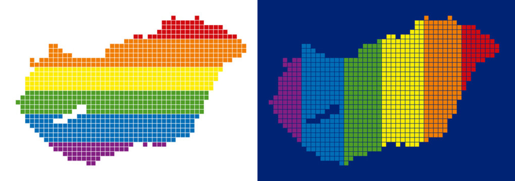 Dot LGBT Hungary map variants. Vector geographic plans in LGBT rainbow colors with vertical and horizontal directions on white and blue backgrounds.