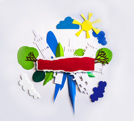 Abstract city made of paper. Skyscrapers and residential buildings combined around of frame for text