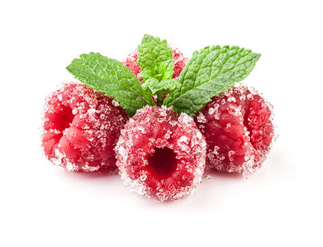 raspberry with sugar and mint isolated on white background