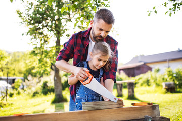 Father and a small daughter with a saw outside, making wooden birdhouse.